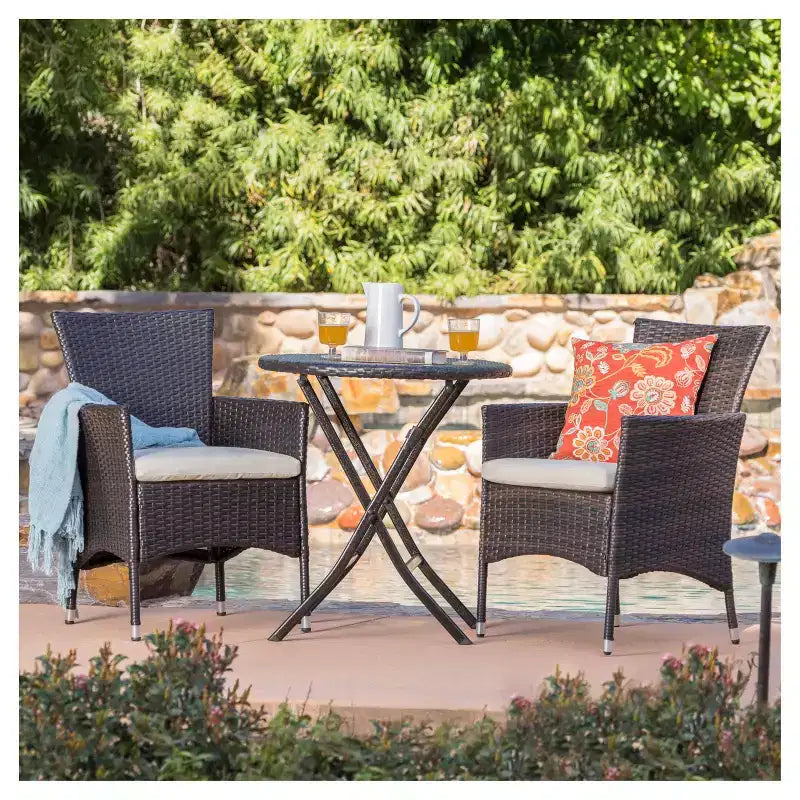 Malaga 3pc All-Weather Wicker Patio Bistro Set - Brown - Christopher Knight Home: Weather-Resistant, Cushioned Chairs