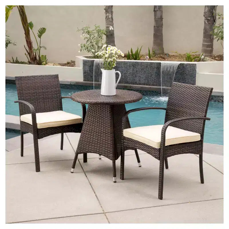 Peterson 3pc Wicker Patio Bistro Set with Cushions: Weather-Resistant, Iron Frame - Christopher Knight Home