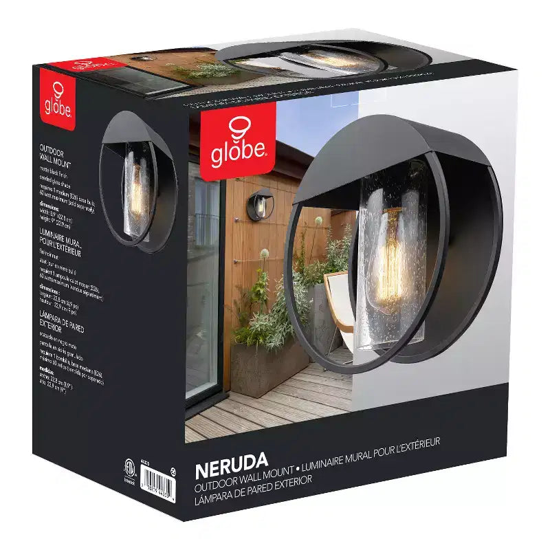 Globe Electric Neruda 1-Light 9" Metal Indoor Outdoor Wall Sconce with Seeded Glass Shade Matte Black