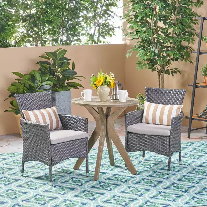 Jillian 3pc Acacia Wood & Wicker Bistro Set: Cushioned Chairs, Circular Table - Christopher Knight Home
