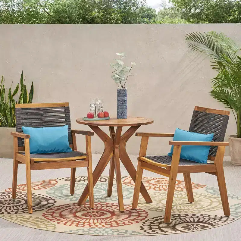 3pc Mcgill Patio Acacia Wood Bistro Set - Teak/Dark Gray - Christopher Knight Home: Water-Resistant, Hand-Woven, Transitional Style