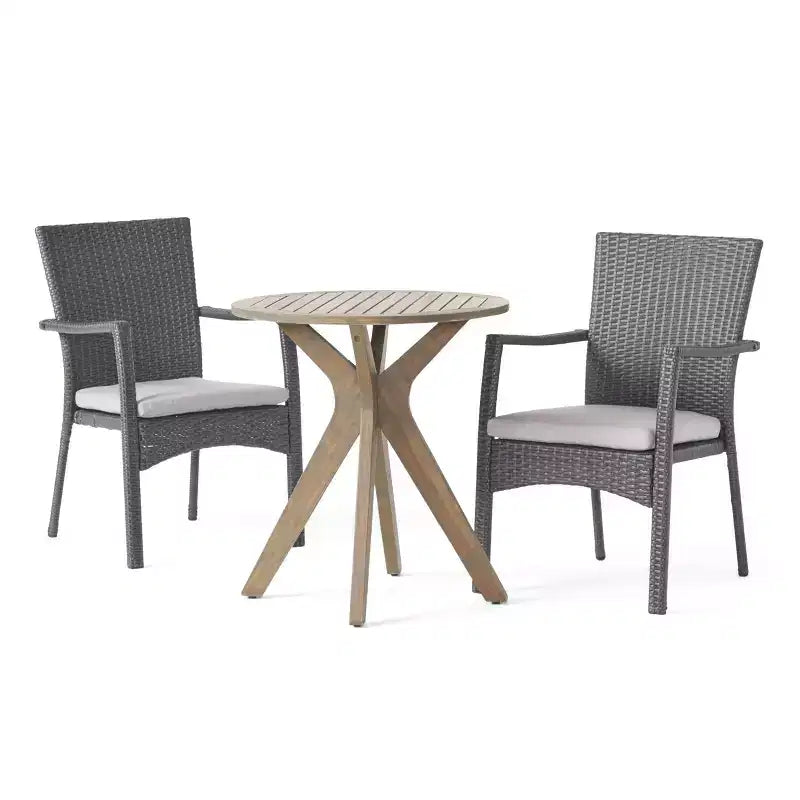 Kent 3pc Acacia Wood & Wicker Bistro Set - Gray - Christopher Knight Home: Outdoor Furniture with Iron Hardware