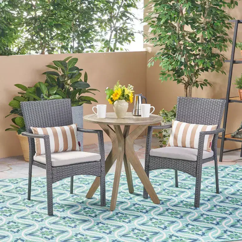 Kent 3pc Acacia Wood & Wicker Bistro Set - Gray - Christopher Knight Home: Outdoor Furniture with Iron Hardware