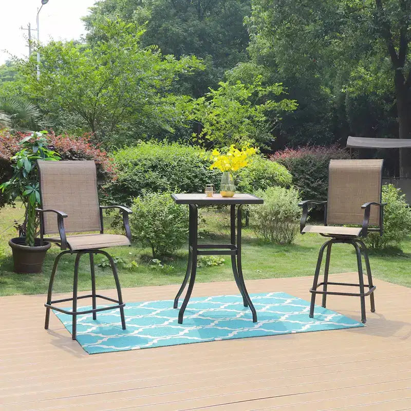 3pc Swivel Bar Stools & Table - Brown - Captiva Designs: Outdoor High Back Patio Set with Armrests