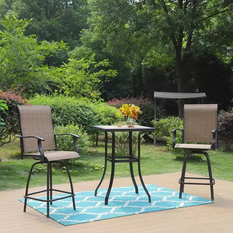 3pc Swivel Bar Stools & Table - Brown - Captiva Designs: Outdoor High Back Patio Set with Armrests
