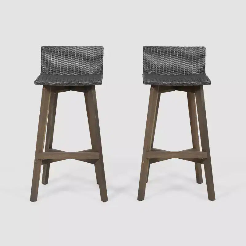 2pk La Brea Acacia Wood & Wicker Patio Barstools Gray - Christopher Knight Home