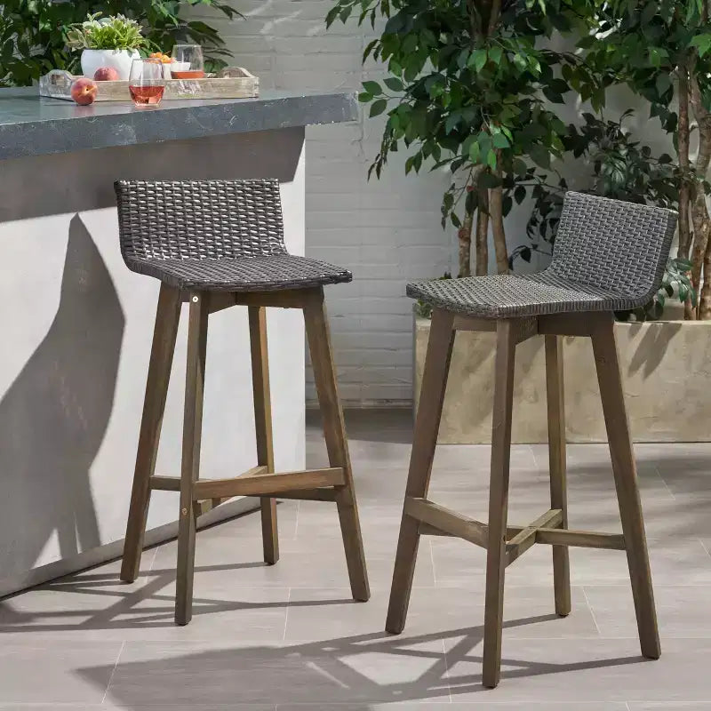 2pk La Brea Acacia Wood & Wicker Patio Barstools Gray - Christopher Knight Home