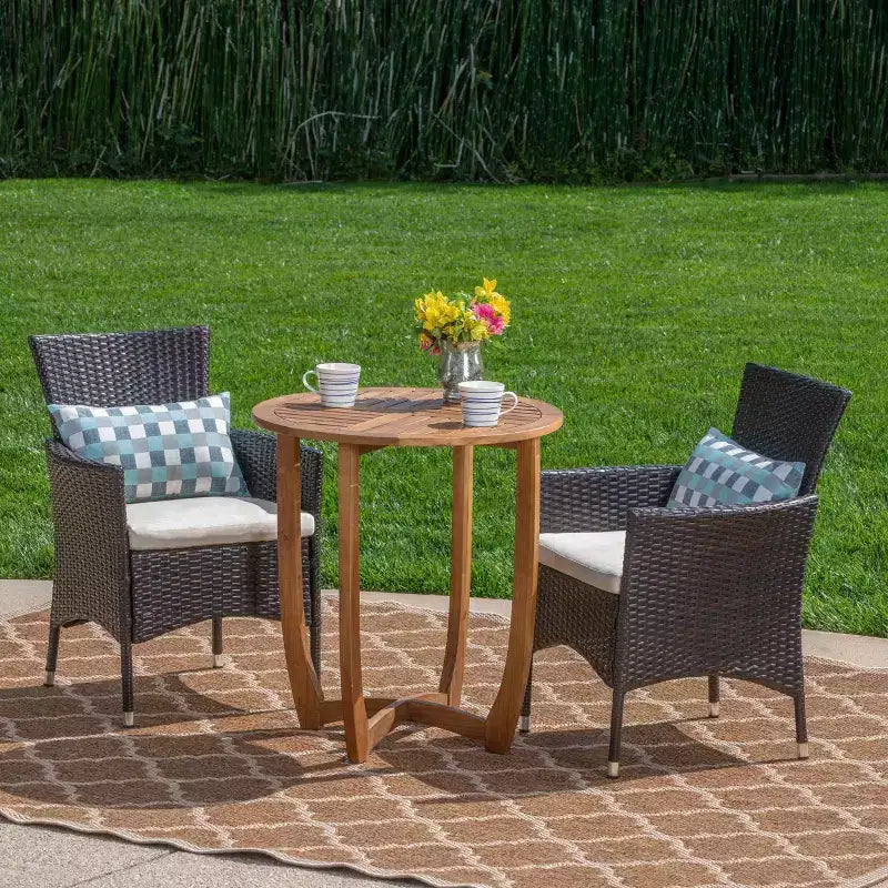 Ellie 3pc Acacia Wood Wicker Bistro Set - Brown/Beige - Christopher Knight Home: Weather-Resistant with Polyester Cushions