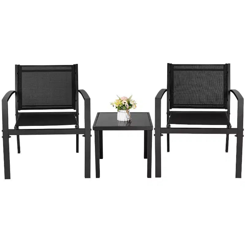 Devoko 3pc Outdoor Bistro Set: Mesh Arm Chairs, Tempered Glass Table, Metal Frame, All-Weather Design