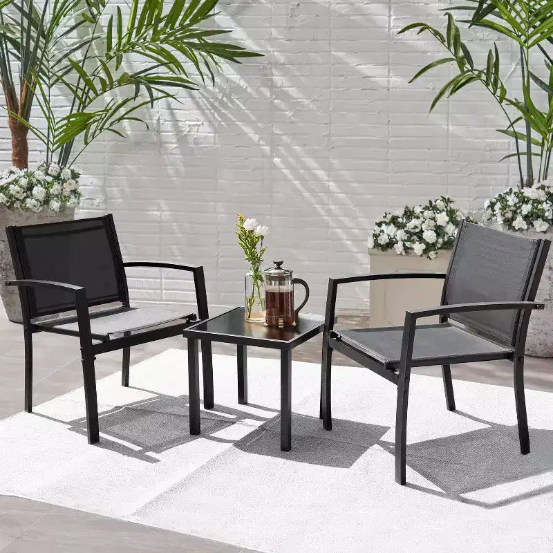 Devoko 3pc Outdoor Bistro Set: Mesh Arm Chairs, Tempered Glass Table, Metal Frame, All-Weather Design