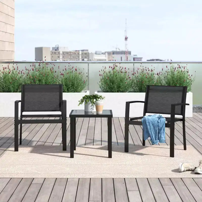 Devoko 3pc Outdoor Bistro Set: Mesh Arm Chairs, Tempered Glass Table, Metal Frame, All-Weather Design