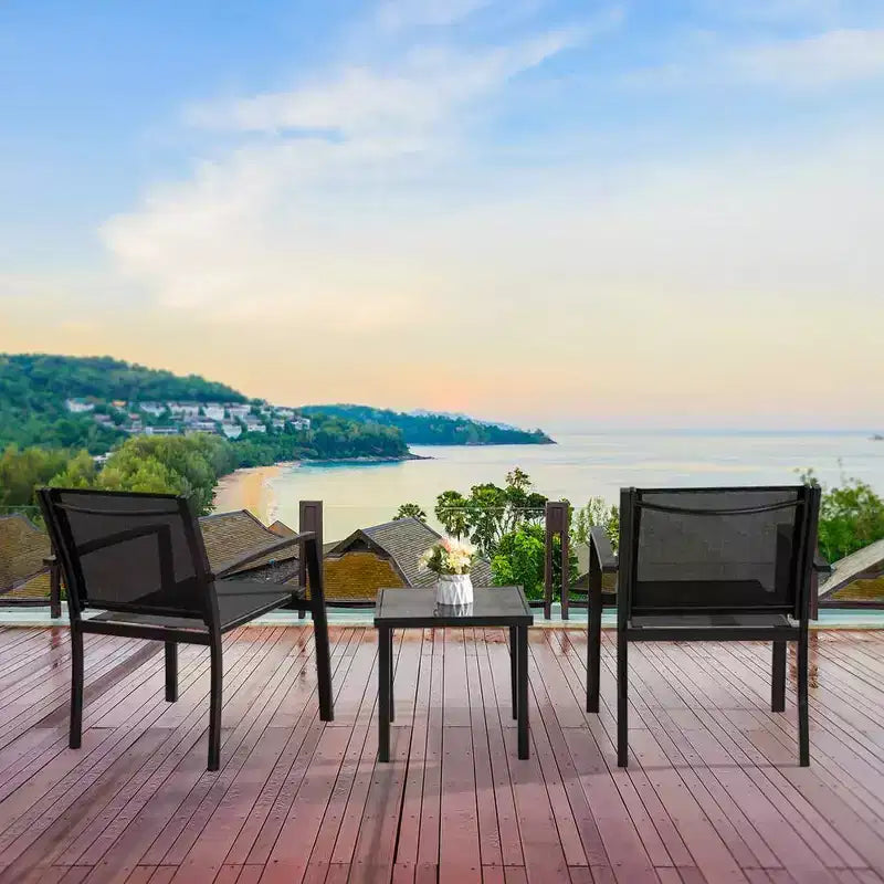 Devoko 3pc Outdoor Bistro Set: Mesh Arm Chairs, Tempered Glass Table, Metal Frame, All-Weather Design