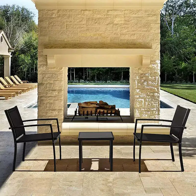 Devoko 3pc Outdoor Bistro Set: Mesh Arm Chairs, Tempered Glass Table, Metal Frame, All-Weather Design