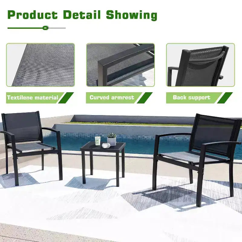 Devoko 3pc Outdoor Bistro Set: Mesh Arm Chairs, Tempered Glass Table, Metal Frame, All-Weather Design