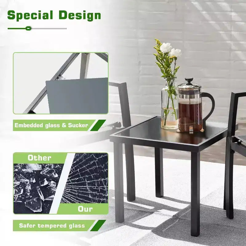 Devoko 3pc Outdoor Bistro Set: Mesh Arm Chairs, Tempered Glass Table, Metal Frame, All-Weather Design