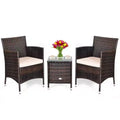 3pc Outdoor Rattan Set with Cushion - Beige/Brown - WELLFOR: All-Weather Wicker, Glass Top Bistro Table, Metal Hardware