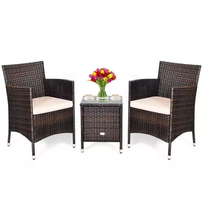 3pc Outdoor Rattan Set with Cushion - Beige/Brown - WELLFOR: All-Weather Wicker, Glass Top Bistro Table, Metal Hardware