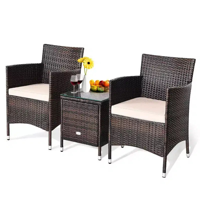 3pc Outdoor Rattan Set with Cushion - Beige/Brown - WELLFOR: All-Weather Wicker, Glass Top Bistro Table, Metal Hardware