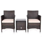 3pc Outdoor Rattan Set with Cushion - Beige/Brown - WELLFOR: All-Weather Wicker, Glass Top Bistro Table, Metal Hardware