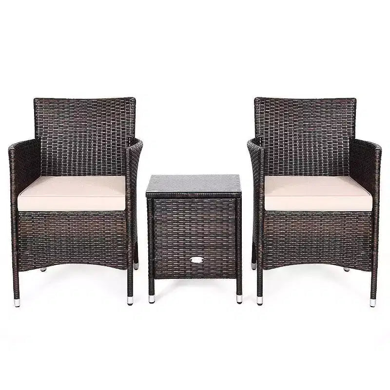 3pc Outdoor Rattan Set with Cushion - Beige/Brown - WELLFOR: All-Weather Wicker, Glass Top Bistro Table, Metal Hardware