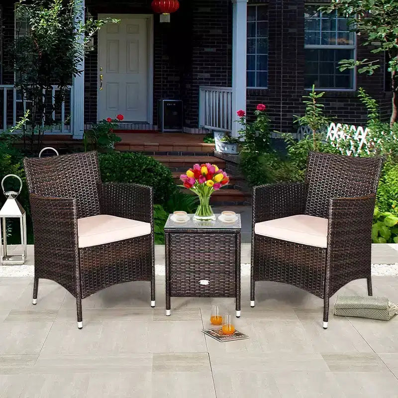 3pc Outdoor Rattan Set with Cushion - Beige/Brown - WELLFOR: All-Weather Wicker, Glass Top Bistro Table, Metal Hardware