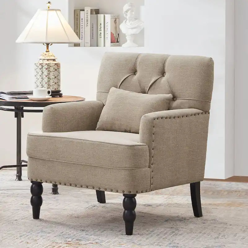 Set of 2 Arm Chair Upholstered Button Tufted Accent Chair with Lumbar Pillow Beige/ Grey/ Light Blue