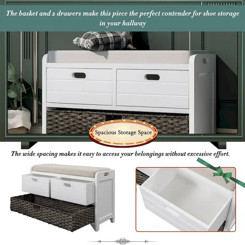 Wood Storage Bench with 2 Woven Baskets by Harper&Bright Designs
