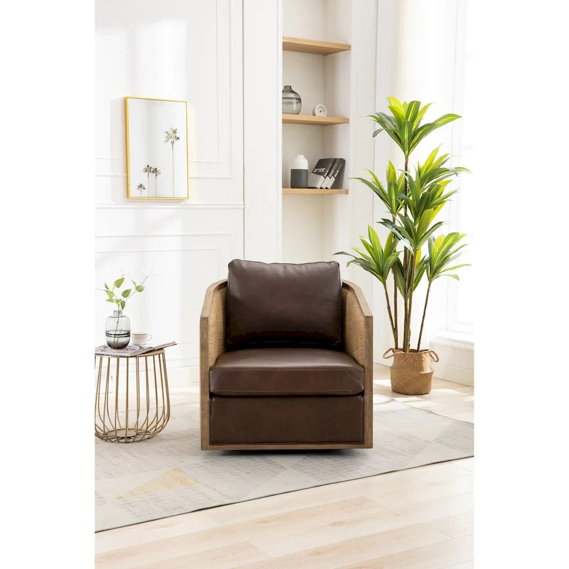 Swivel Barrel Chair, Comfy Round Accent Chair, 360 Degree Swivel Barrel Club Chair, Leisure Arm Chair with Rattan Woven Frame