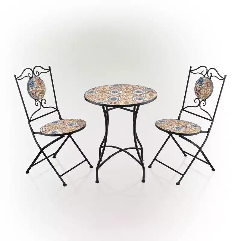 3pc Mediterranean Tile Design Indoor/Outdoor Table and Chairs Patio Set - Alpine Corporation: Weather-Resistant Iron Bistro Set