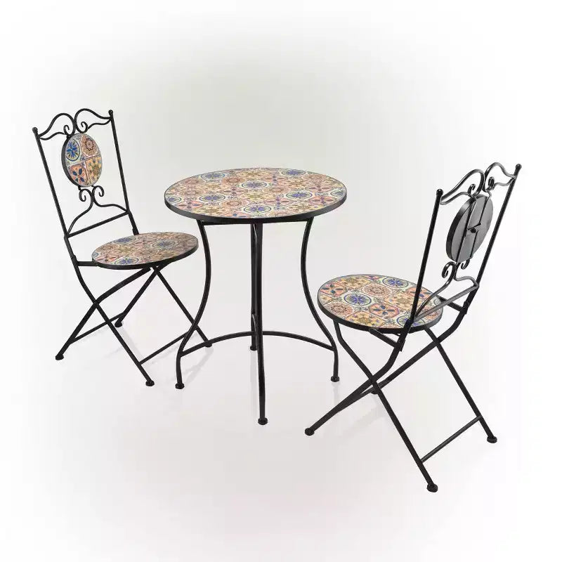 3pc Mediterranean Tile Design Indoor/Outdoor Table and Chairs Patio Set - Alpine Corporation: Weather-Resistant Iron Bistro Set