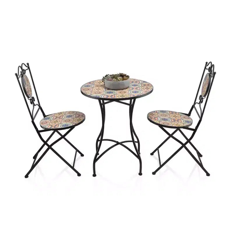 3pc Mediterranean Tile Design Indoor/Outdoor Table and Chairs Patio Set - Alpine Corporation: Weather-Resistant Iron Bistro Set