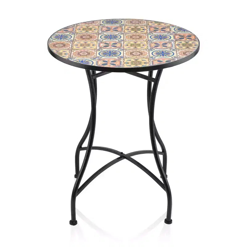 3pc Mediterranean Tile Design Indoor/Outdoor Table and Chairs Patio Set - Alpine Corporation: Weather-Resistant Iron Bistro Set