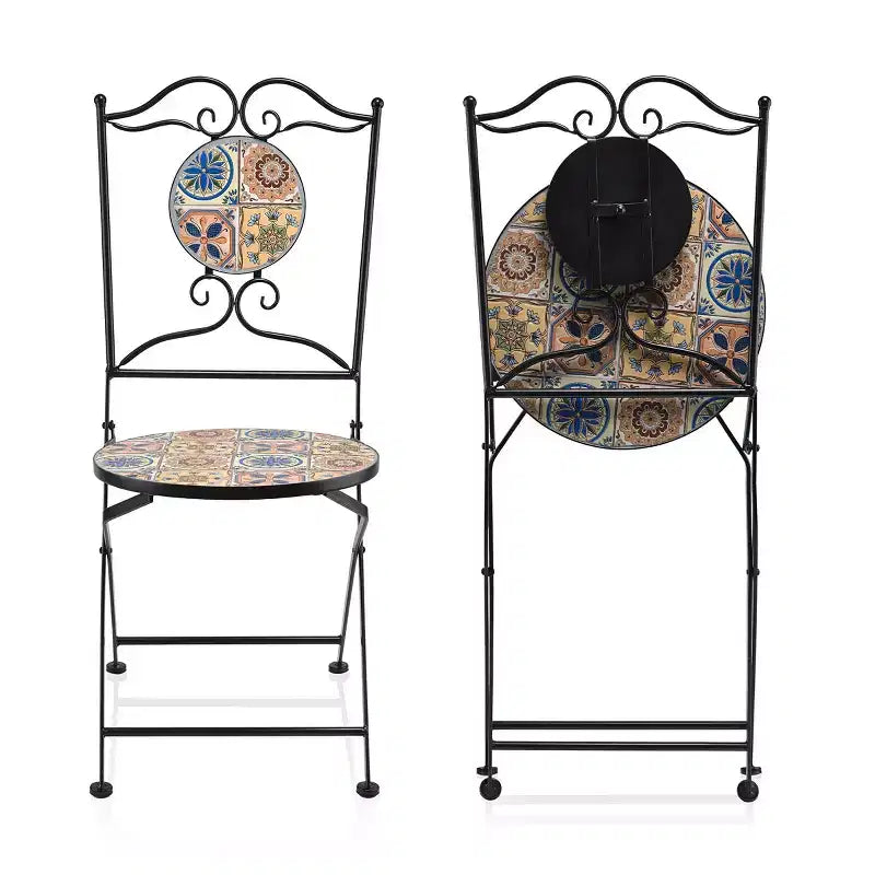 3pc Mediterranean Tile Design Indoor/Outdoor Table and Chairs Patio Set - Alpine Corporation: Weather-Resistant Iron Bistro Set