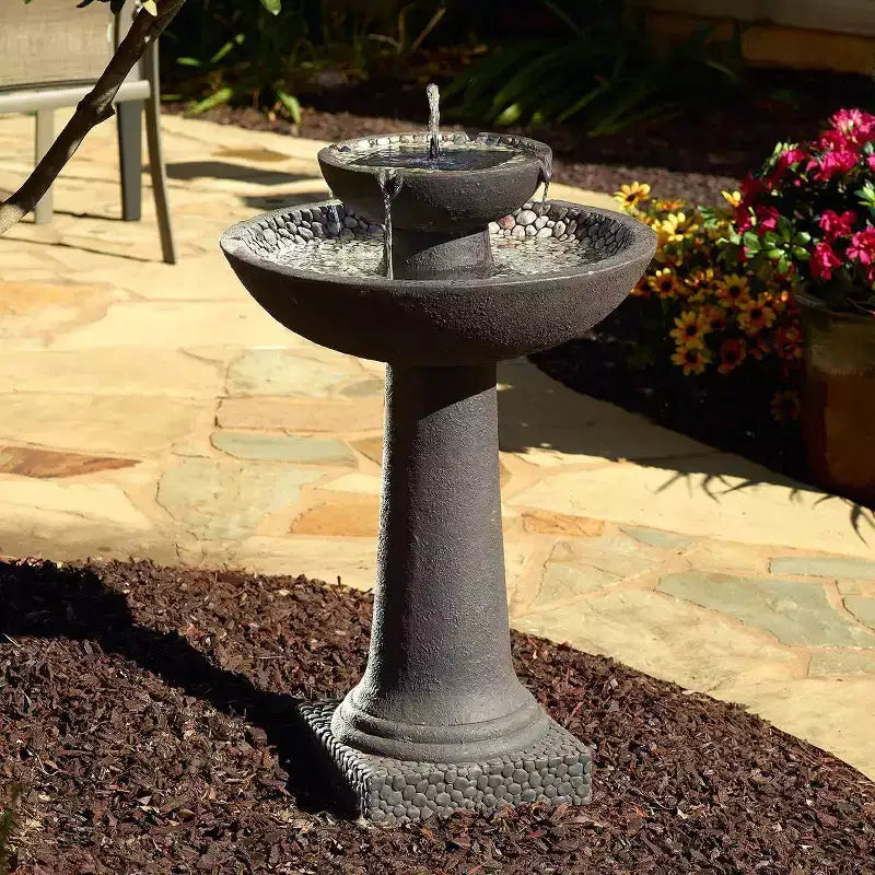 Smart Solar 31.75" Fiber Reinforced Concrete Riverstone intelliSOLAR 2-Tiered Sculptural Fountain with Remote - Forest Brown