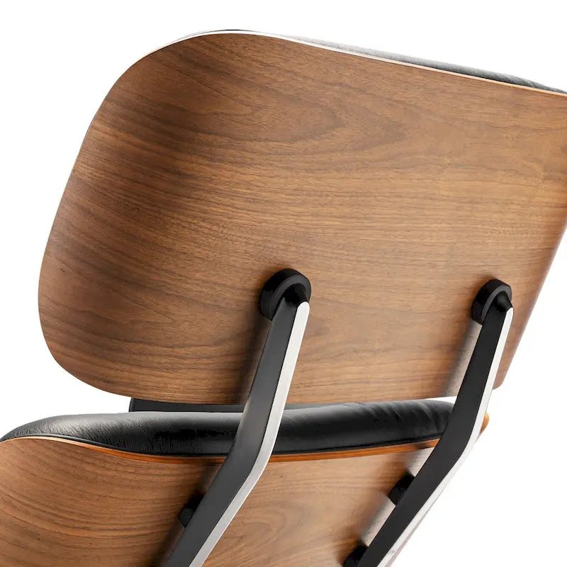 Furgle Genuine Leather Accent Lounge Chair and Ottoman Walnut Wood