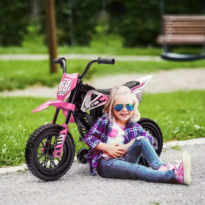 Qaba Kids Motorcycle with Twist Grip Throttle, 12V Electric Motorcycle with Training Wheels, Rear Suspension & Music