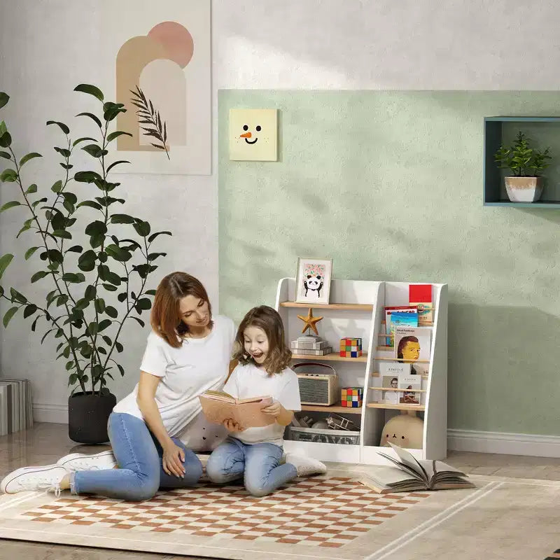 Qaba 4 Tier Kids Bookshelf and Toy Storage Organizer with Book Rack, for Living Room, Kids Room, Playroom, Bedroom, Nursery, Study, Library, Classroom