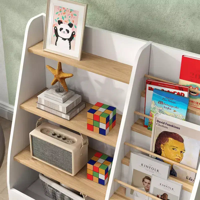 Qaba 4 Tier Kids Bookshelf and Toy Storage Organizer with Book Rack, for Living Room, Kids Room, Playroom, Bedroom, Nursery, Study, Library, Classroom