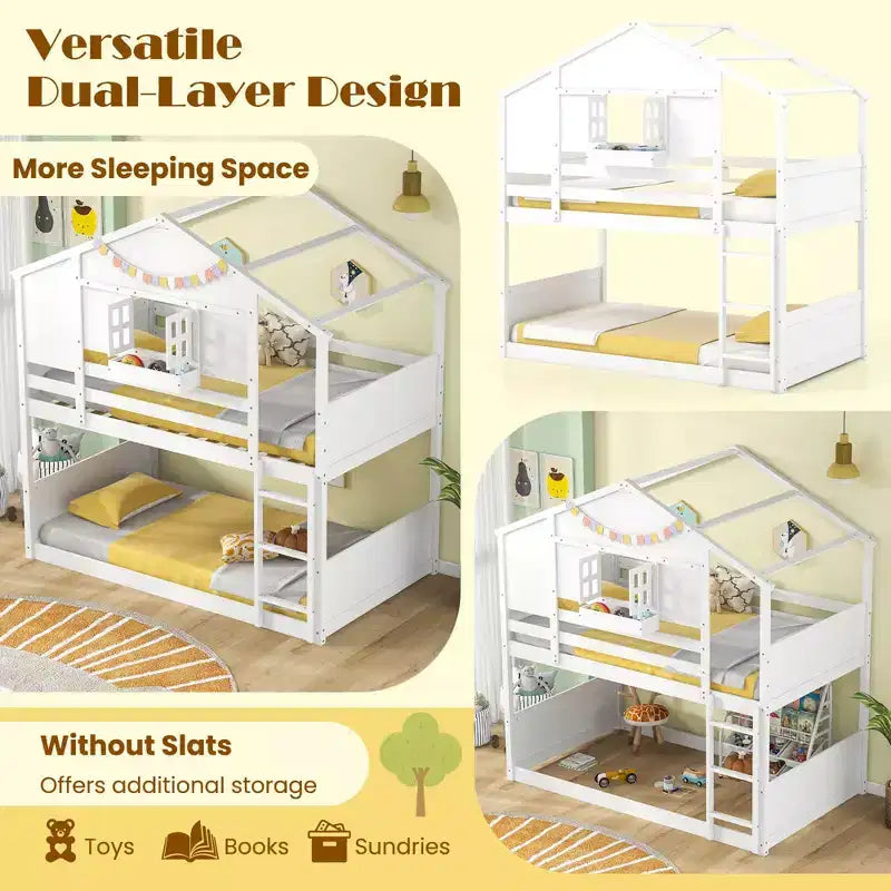 Costway Twin Over Twin Bunk Bed for Kids with Roof Lockable Window Storage Box Wood Slats