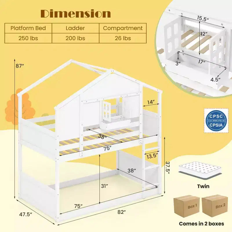 Costway Twin Over Twin Bunk Bed for Kids with Roof Lockable Window Storage Box Wood Slats