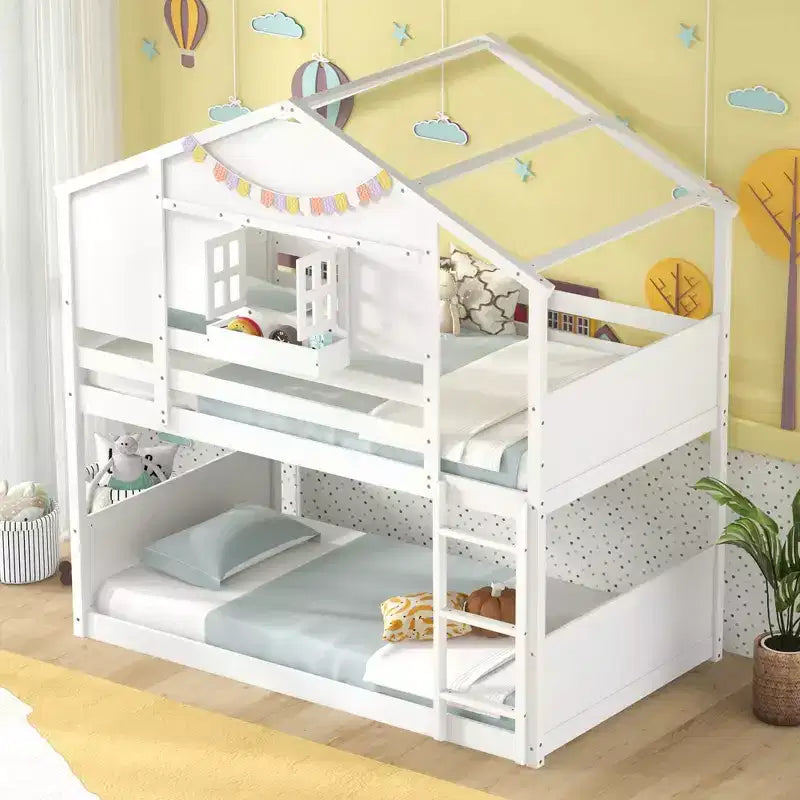 Costway Twin Over Twin Bunk Bed for Kids with Roof Lockable Window Storage Box Wood Slats