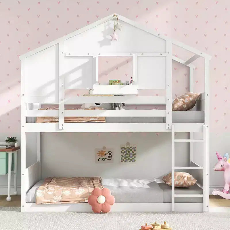 Costway Twin Over Twin Bunk Bed for Kids with Roof Lockable Window Storage Box Wood Slats