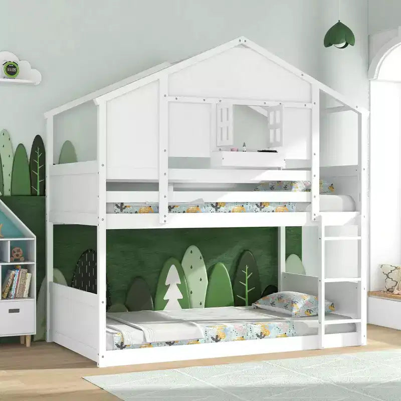 Costway Twin Over Twin Bunk Bed for Kids with Roof Lockable Window Storage Box Wood Slats
