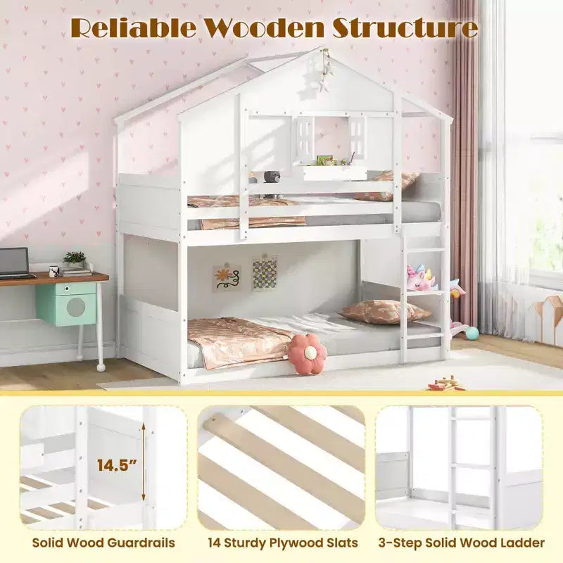 Costway Twin Over Twin Bunk Bed for Kids with Roof Lockable Window Storage Box Wood Slats