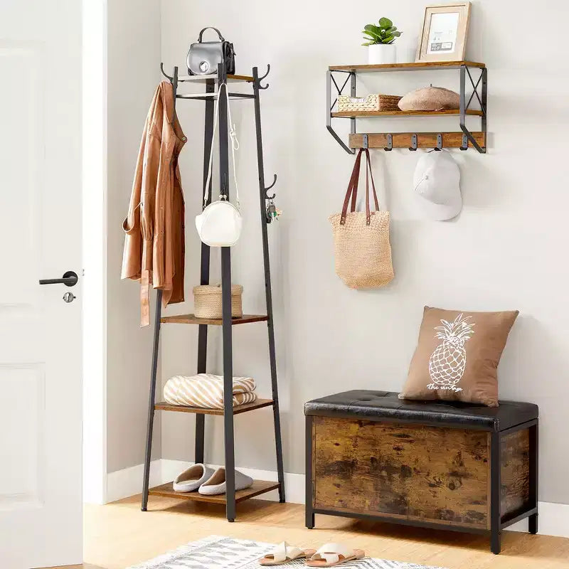 Industrial Style Coat Rack with Shelves and Hooks - Free-Standing Hall Tree for Entryway and Living Room