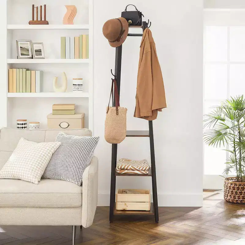 Industrial Style Coat Rack with Shelves and Hooks - Free-Standing Hall Tree for Entryway and Living Room