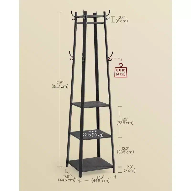 Industrial Style Coat Rack with Shelves and Hooks - Free-Standing Hall Tree for Entryway and Living Room