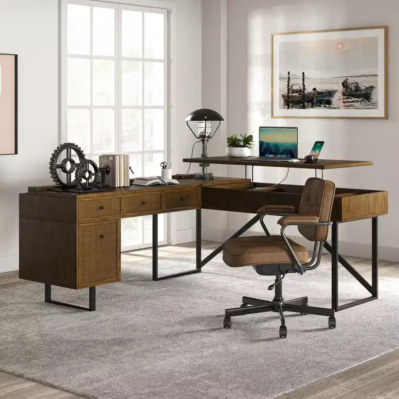 Cyill L shape lift top office desk| ART OF LIVING DESIGNS