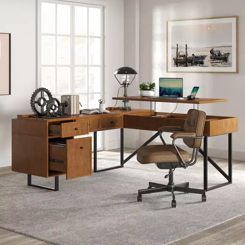 Cyill L shape lift top office desk| ART OF LIVING DESIGNS