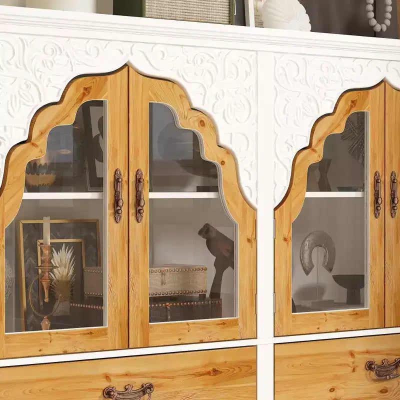 Famapy White Accent Cabinet Carved Floral European Style Magnetic Glass Door